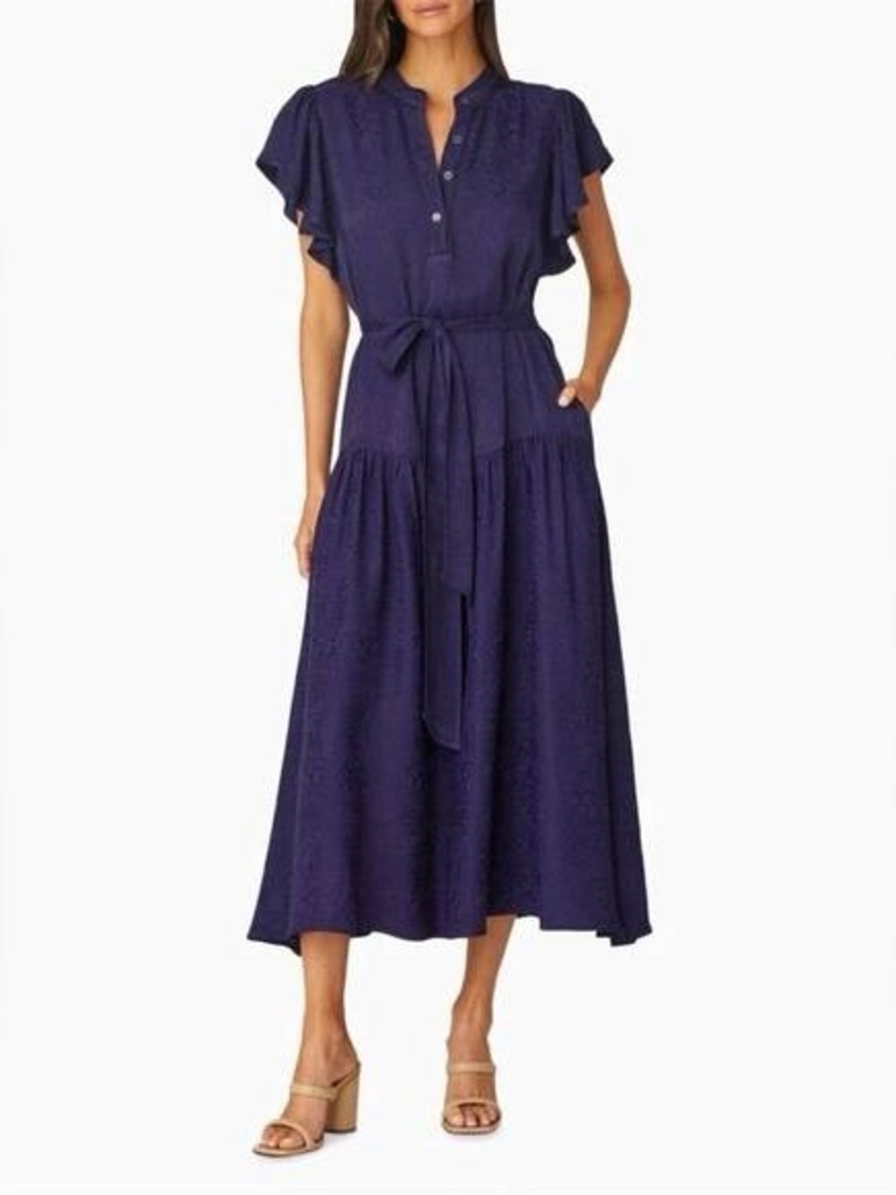 Shoshanna Lucia Flutter-Sleeve Animal Jacquard Midi Dress